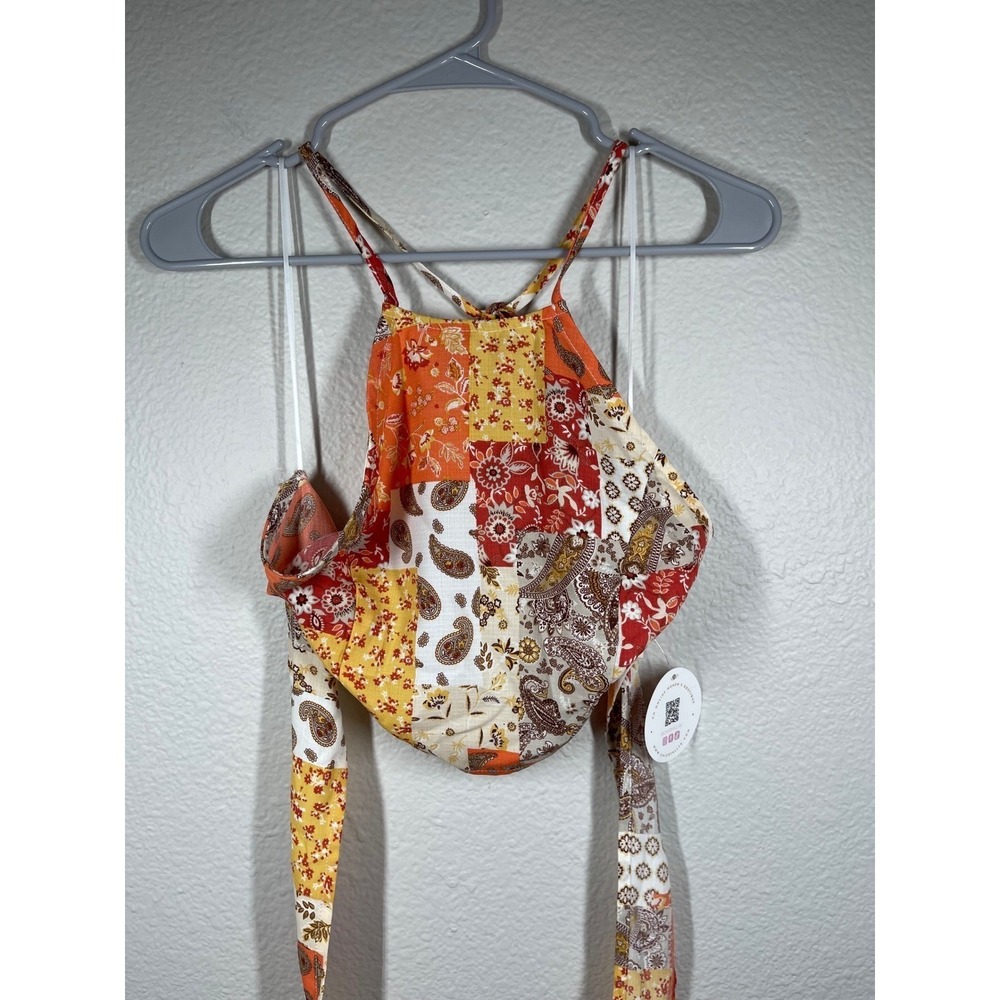 Chic by Ally B Patchwork Halter Top Tie Back Sleeveless Blouse Orange Medium